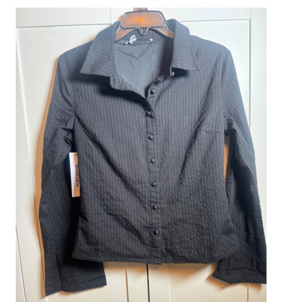 Princess Polly Black Pinstripe Lace Trim Button Down Shirt US 0Textured Cotton - Picture 4 of 7